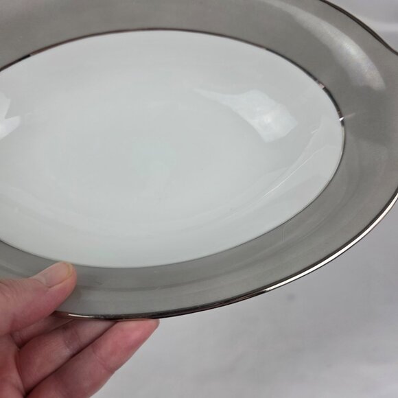 Sango Plantina Oval Serving Bowl 10 Inch White with Gray Band & Platinum Trim - Picture 8 of 11